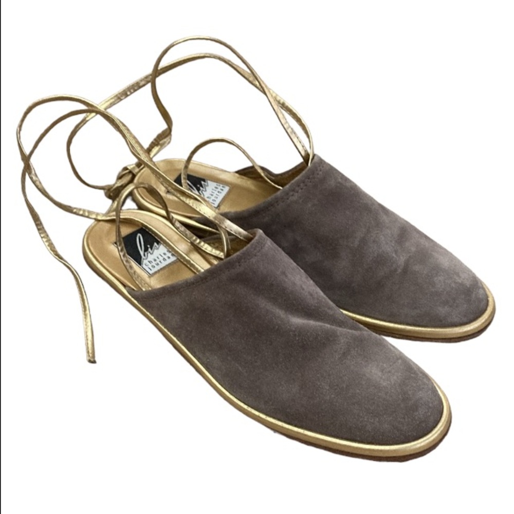 BIS by Charles Jourdan Taupe Gold Suede Lace Up Slip Ons Sandals Sz 7 RARE!